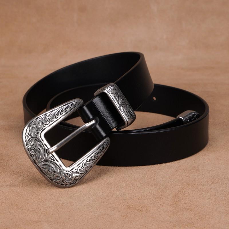 Womens Genuine Leather Belt With Vintage Carved Y2K Rivet Decor Slim Waistband Jeans Blazers