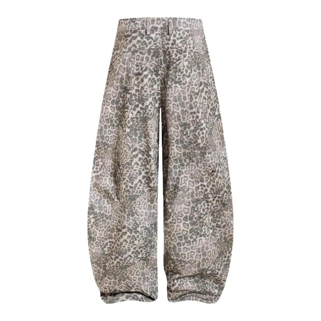 Jeans Lunghi da Donna Vintage Lavati con Stampa Leopardata Vestibilità Rilassata