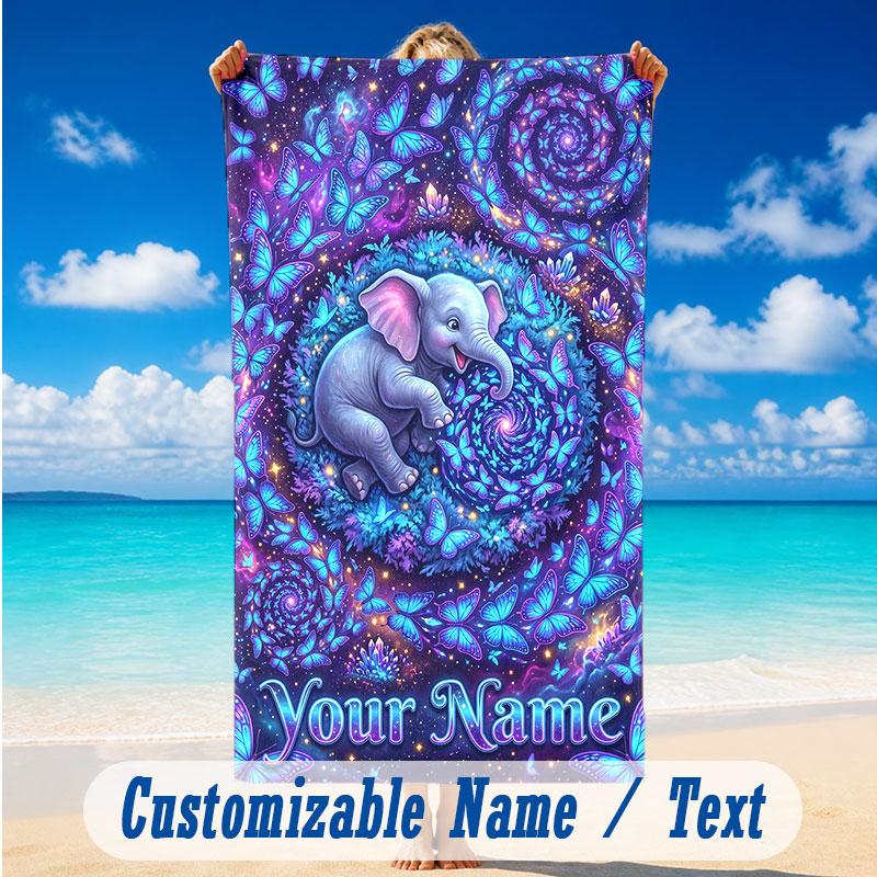 Elephant Theme Beach Towel Personalized Custom Name & Text Soft Quick Dry Beach Towel for Swimming Travel
