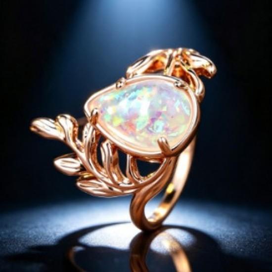 Rose Gold Branch with White Opal Water Drop Ring Vintage Hollow Floral Opal Ring
