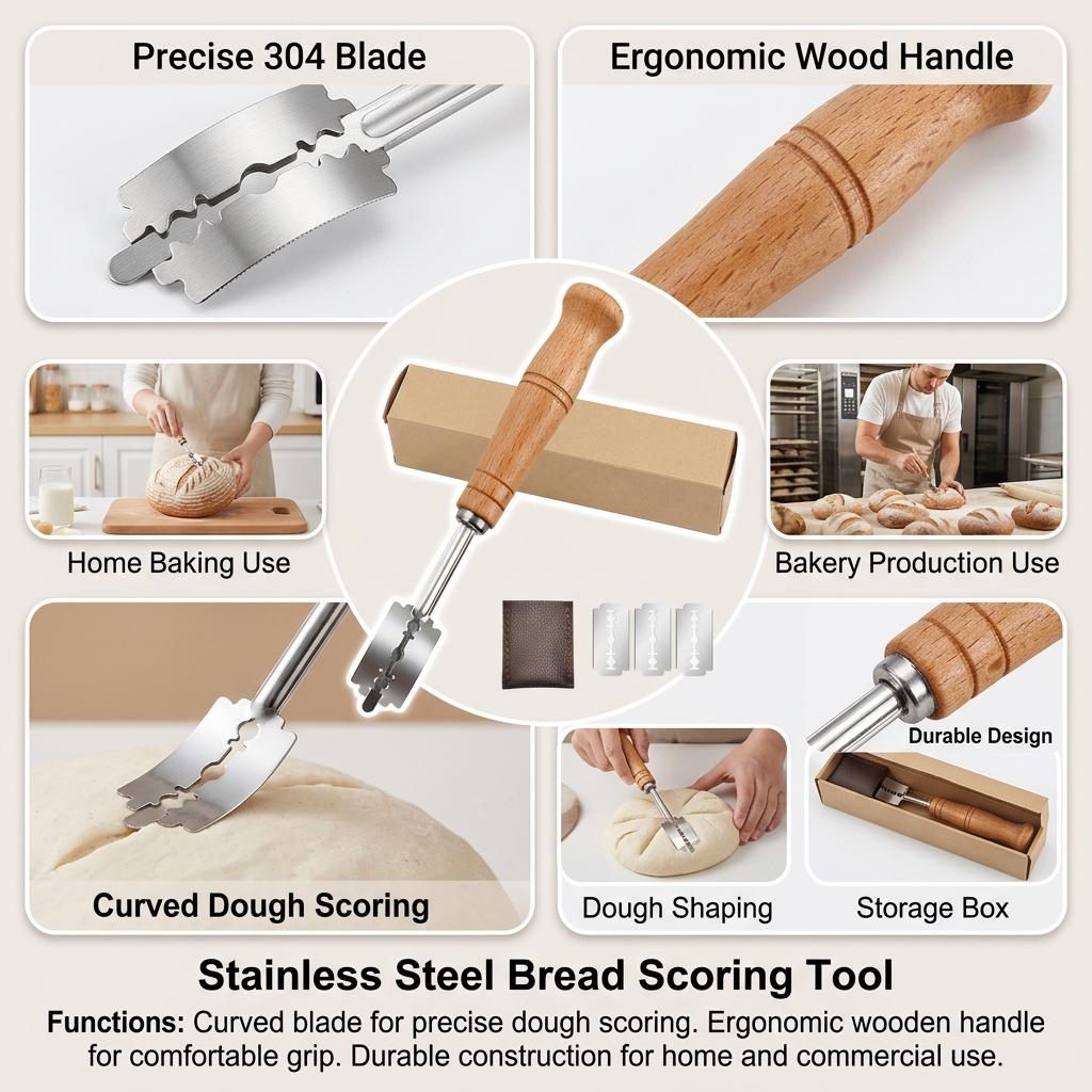 Stainless Steel Bread Scorer Wooden-Handle Curved Dough Cutter Tool For Baking