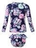Tropical Plant Print Girls' Long-Sleeved Swimsuit Set with Ruffle Bottoms - Quick-Dry & Sun Protection