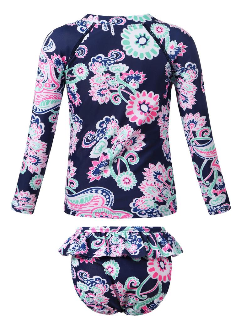 Tropical Plant Print Girls' Long-Sleeved Swimsuit Set with Ruffle Bottoms - Quick-Dry & Sun Protection
