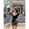 Women's Retro V-Neck Spicy Girl Slim-Fit Two-Piece Look Short-Sleeve Top