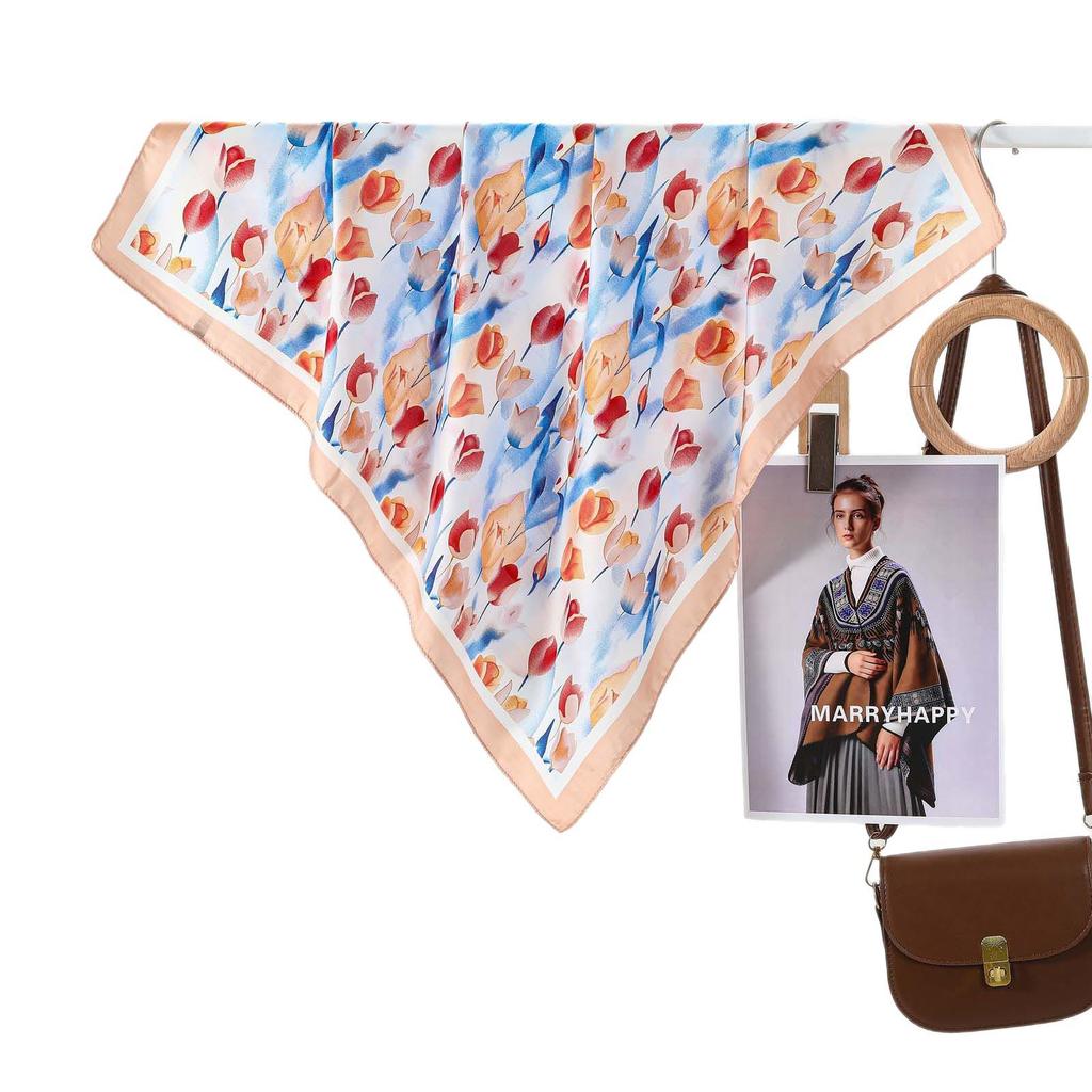 Colorful Tulip Print Silk Scarf: Versatile Pastoral Style Neck Scarf & Hairband for Spring/Summer