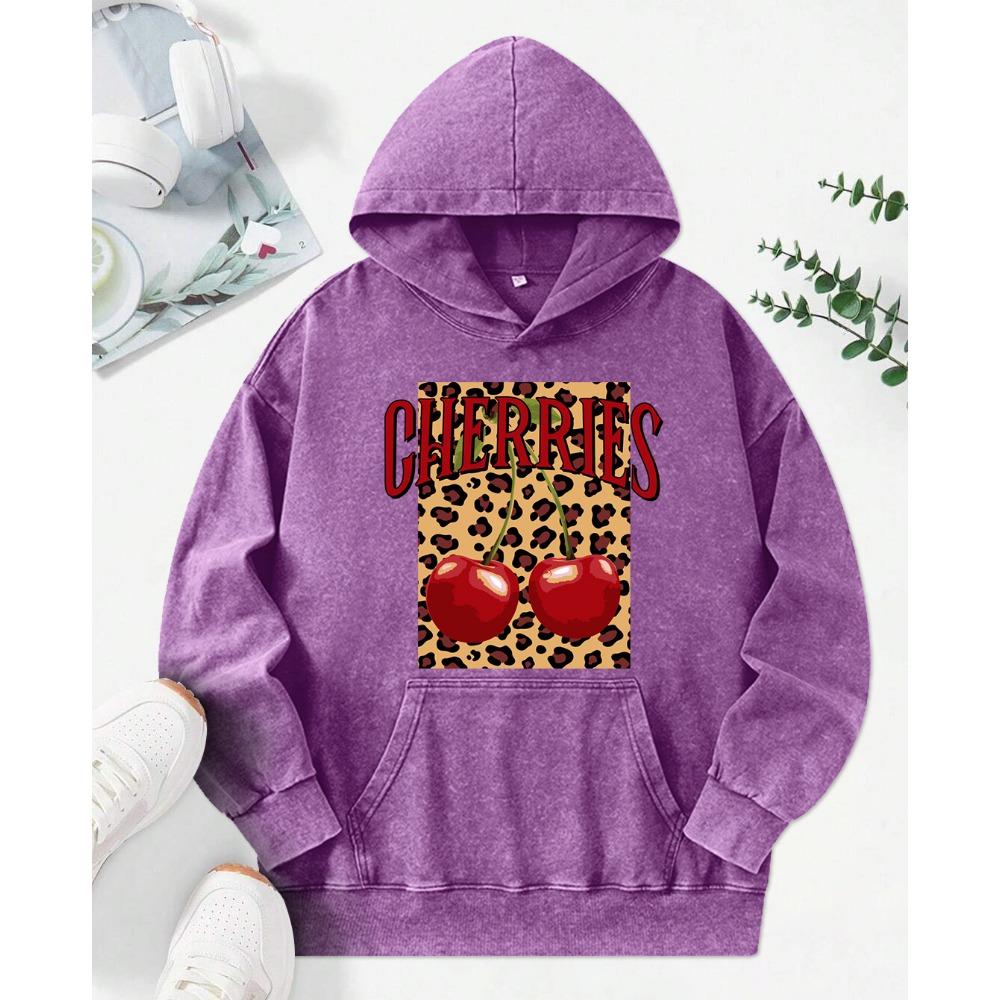 Leopard Cherry Creative Printing Women Washed Hoodie Loose Fashion Streetwear Autumn Multicolor Hoody Cotton Pullover