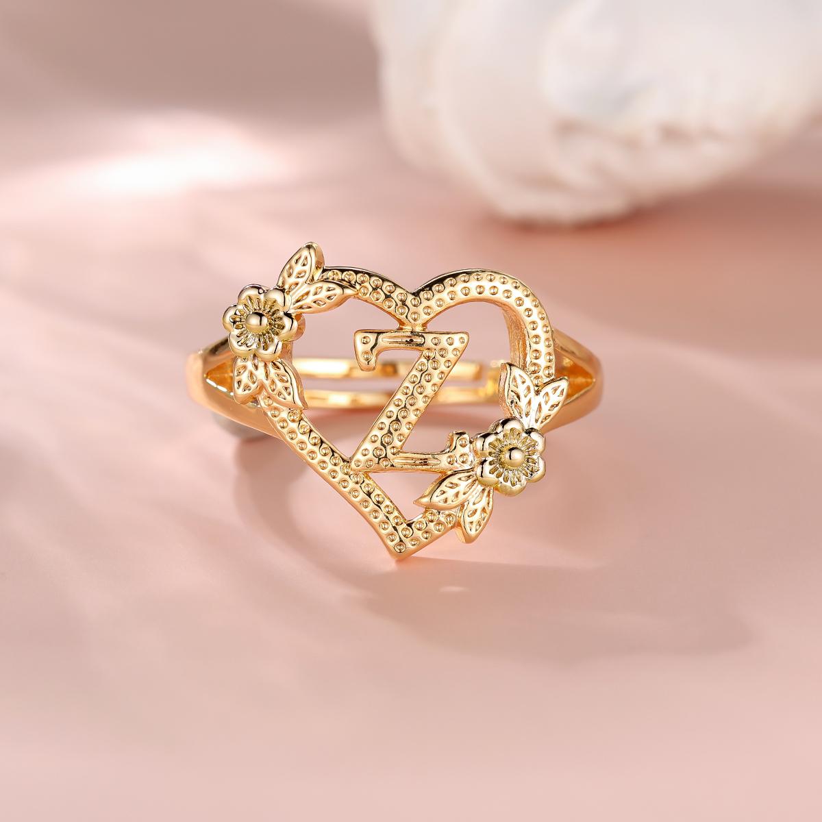 

A-Z Letter Flower Wedding Rings Promise Open Gold Color Adjustable Engagement Jewelry For Women resizable