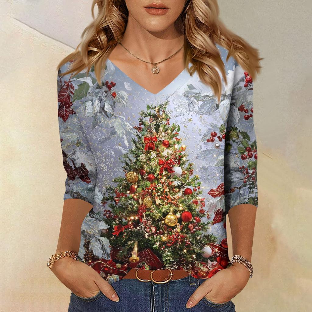 3/4 Sleeve Shirts For Women Print Christmas Tees Blouses Casual Plus Size Basic Tops Pullover
