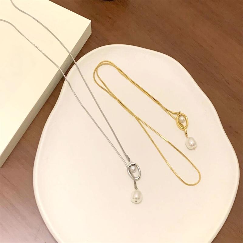 Sturdy Brass Adjustable Chain Baroque Pearls Pendant Long Necklace for Women's Fashion Sweater Chain Jewelry Accessory