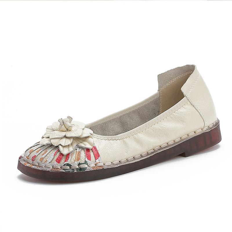 New First-layer Cowhide Casual Flat-soled Women's Shoes Flower Leather Women's Single Shoes