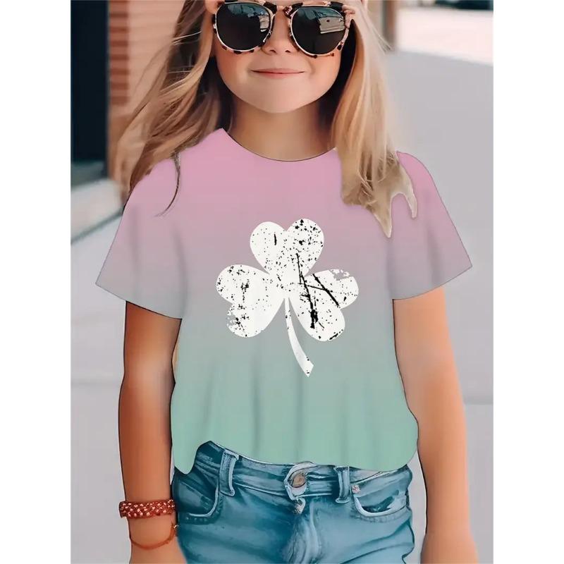 Fashionable Simple Fresh Four Leaf Clover Pattern Girls' Round Neck Pullover Short Sleeved Shirt