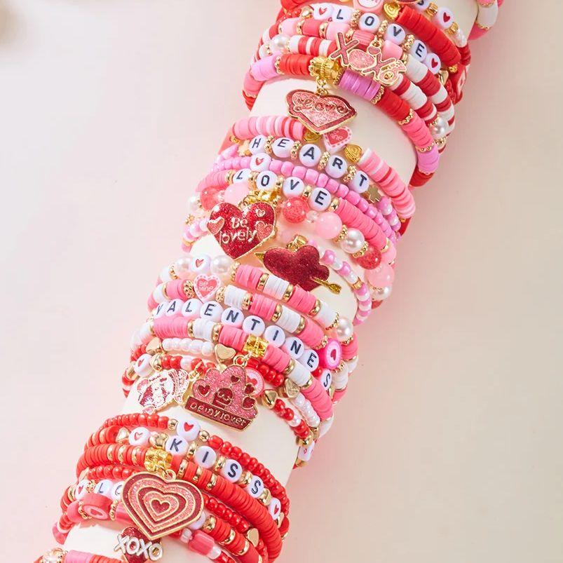 6Pcs/Set Romantic Love Heart Pendant Bracelets for Women Girls Cute Pink Soft Clay Beaded Bangles Valentine's Day Jewelry Gift