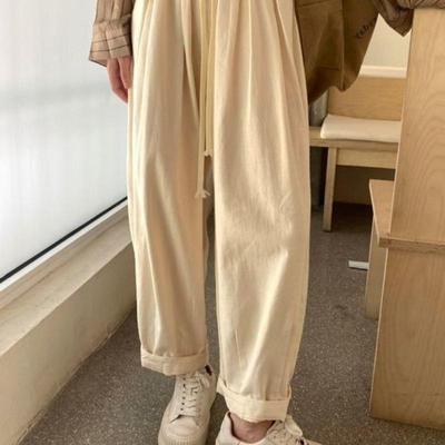 Women's Beige Cargo Pants | High-Waist Enzyme-Washed Cotton Japanese-Style Loose Lantern Carrot Straight Wide-Leg Casual Trousers for Spring-Autumn