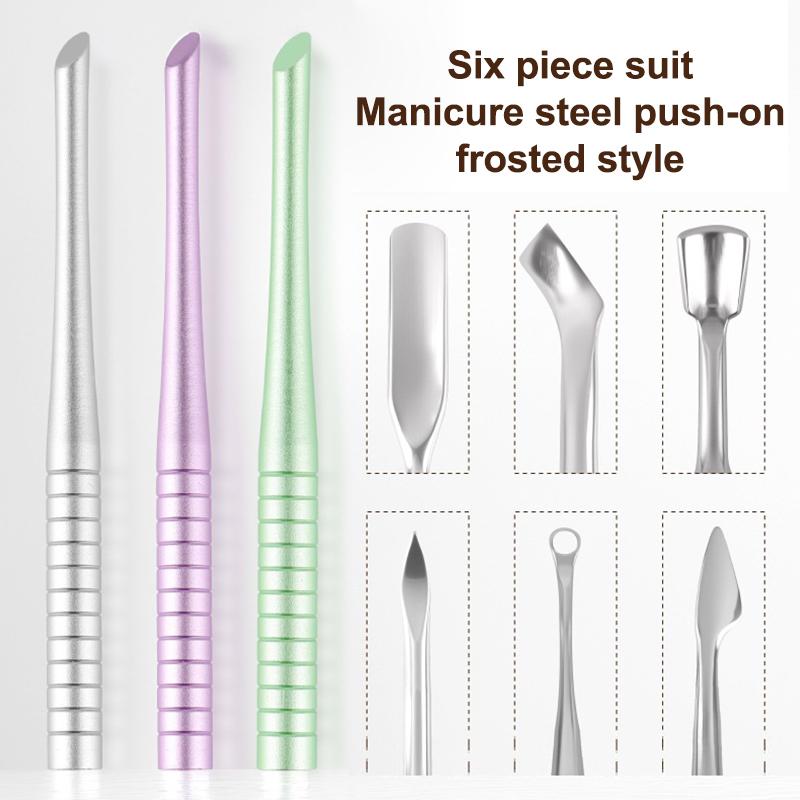 6 In 1 Nail Beveled Head Stainless Steel Cuticle Pusher Nail Art Sanding Tablet Manicure Sticks Tool For Salon Nails Accessories
