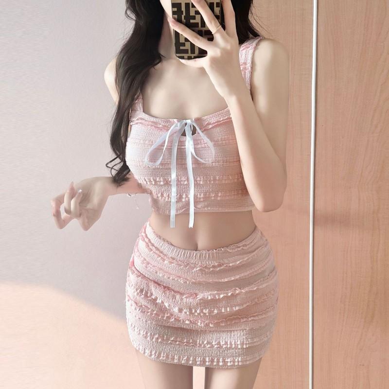 Pure Desire Style Sweet Solid Color Sling Lace Slimming Conservative Skirt Hot Vacation Swimsuit Women's