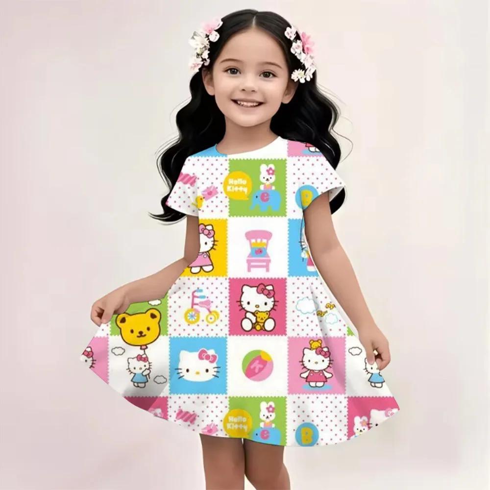 Sanrio New Summer Girls Dress Hello Kitty 3D Printed Fashionable Cartoon Cute Princess Girls Clothes Skirt Party Boys Kitty Cat