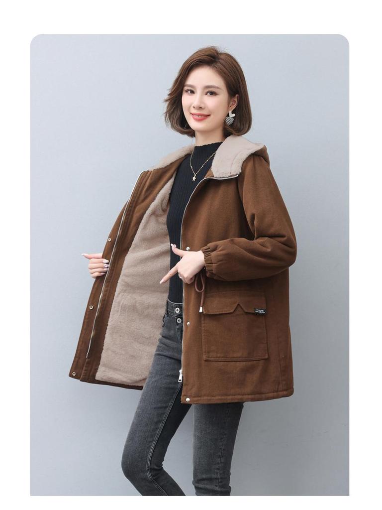 Women's 2024 Winter Fleece-Lined Parka: Mid-Length, Loose Fit, Plus Size, Thick Cotton Coat for Middle-Aged Moms
