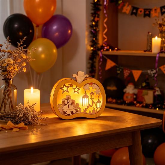 Yousheng Halloween Wooden Lighted Pumpkin for Tabletop, Spooky Pumpkin Lantern Shadow Box for Halloween Party, Dinning, Coffee Table Decoration