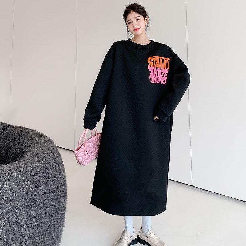 YYFS Damenmode Herbst Winter Langarm O-Ausschnitt Lockere Taille Lässige Kleider