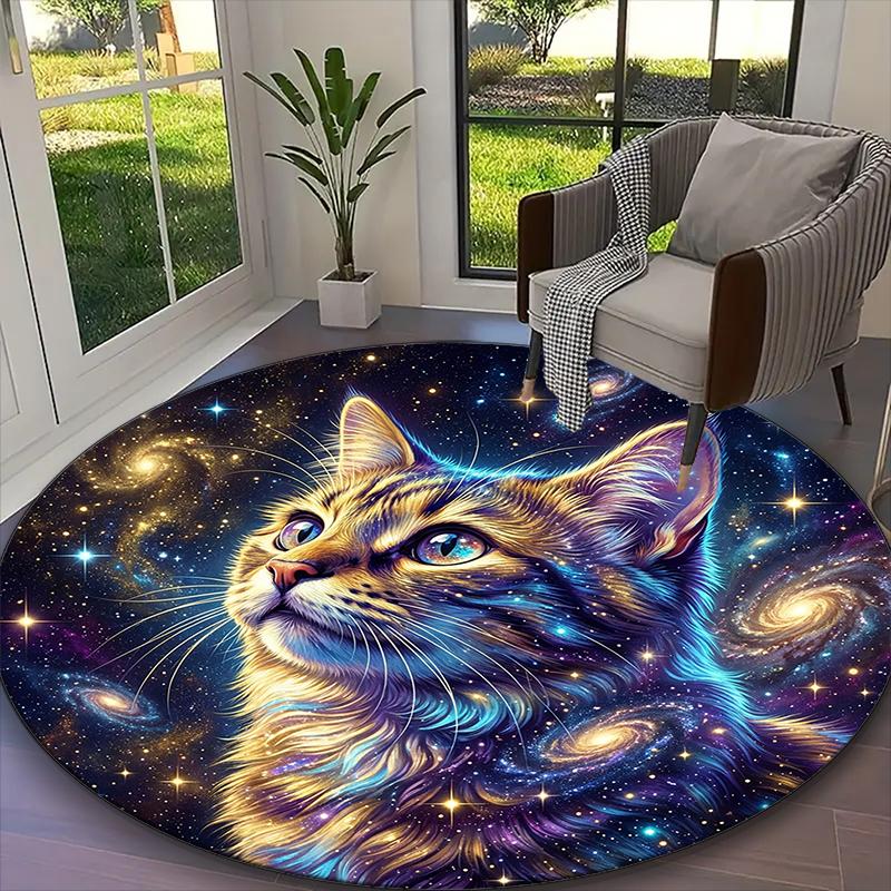 1pc Cosmic Cat Carpet for Room Floor Mat, Comfortable Office Chair Printed Round Rug, Beautiful Hotel Rug