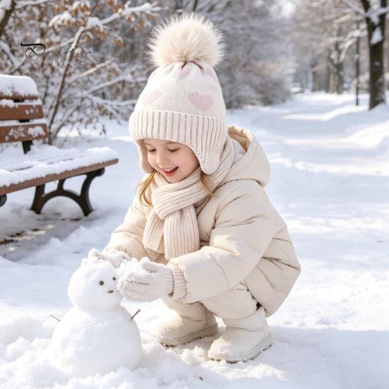 Elastic Ear Protection Cap Kids Winter Knit Hat, Warm Soft Cute Pompom Cozy Gift for Children Heart Pattern, Earflap Hat Boys Girls Toddlers Pom