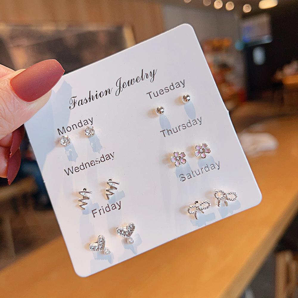 New small fresh one-week stud earrings set 1 pair combination Korean version sweet love bow fairy temperament earrings