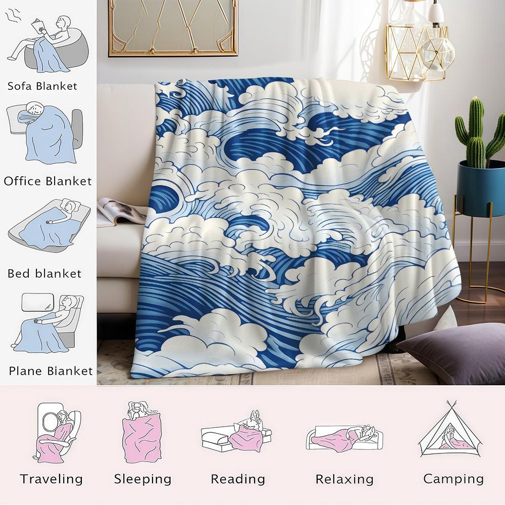 Blue Wave Motif Flannel Blanket Warm Soft Halloween Christmas Couch Warm Cozy Decorative Decor Gift for All Season