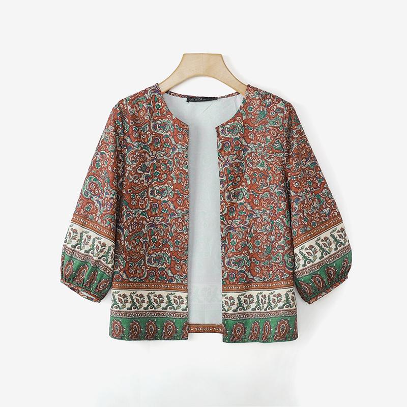 ZANZEA Boho-Print Damen Lässig Offen Vorne 3/4 Ärmel Locker Überwurf Bluse