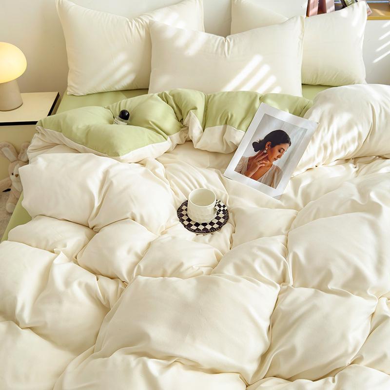 Conjunto de Roupa de Cama Simples de Algodão Lavado Duplamente Torcido - Lençol de Elástico e Capa de Cor Lisa