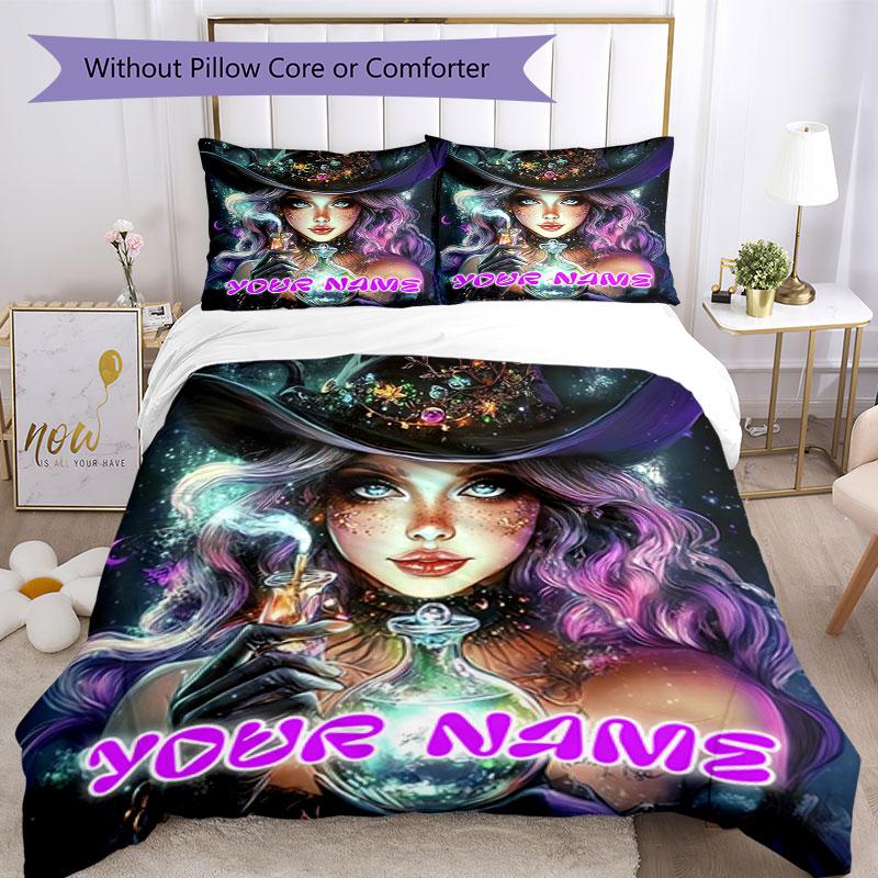 3pcs Custom Name Magical Fantasy Portrait Bedding Set Printed Bedding Set Duvet Cover Closure Includes 1 Duvet Cover & 2 Pillowcases Bedroom Decor