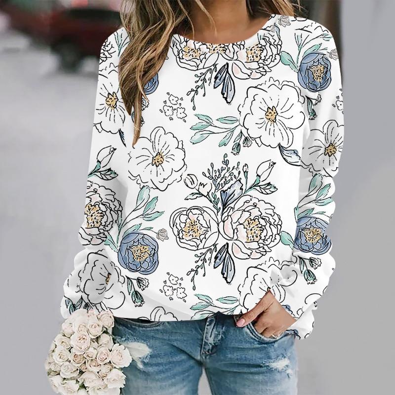 Fashionable round neck long sleeved printed elegant and casual loose fit XS
