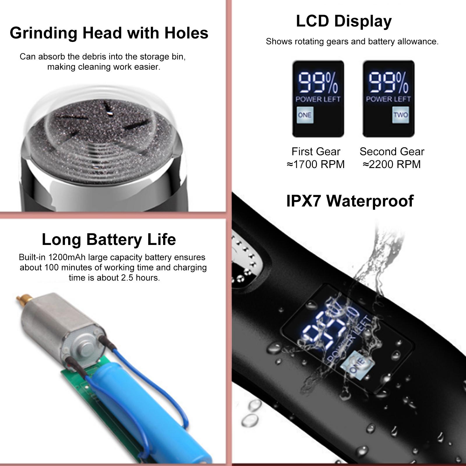 

Electric Foot Callus Remover Set Portable Foot File Pedicure Tools 3 Grinding Heads 2 Speed Waterproof Foot Care Kit чёрный