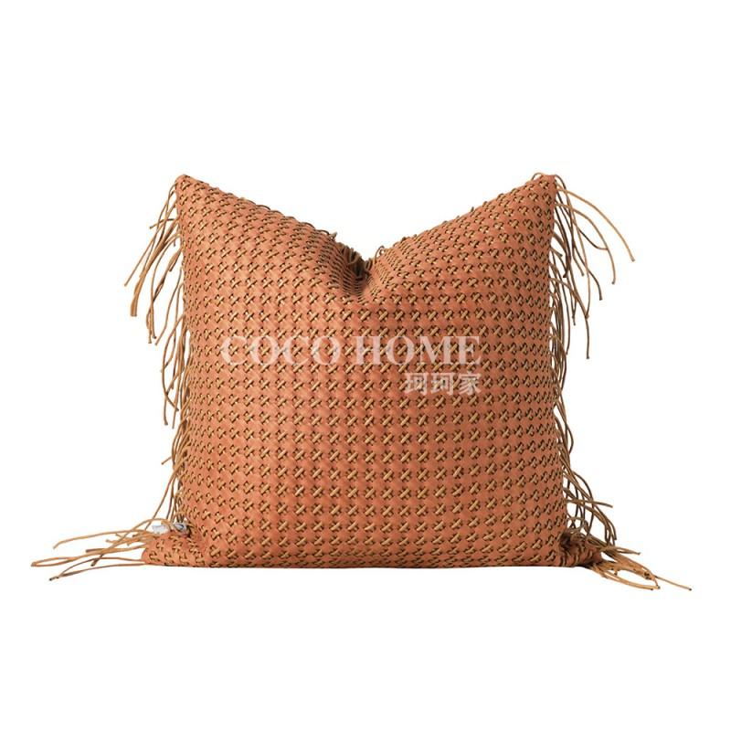 Modern Orange Leather Accent Pillow With Tassel Trim Geometric Decorative Cushion Cover Living Room Bedroom Sofa