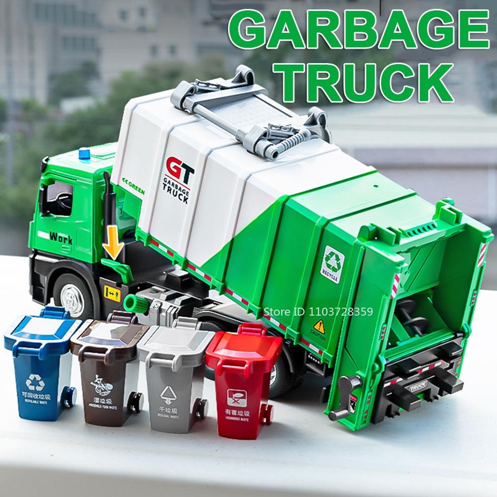 ABBC1 1:24 Scale Sanitation Garbage Truck Model Toys Alloy Diecast Cleaning Vehicles Sound Light Doors Opened Pull Back for Kids Gifts