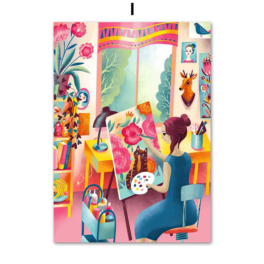 Wall Art Prints Canvas Painting Bohemia Colorful Vintage Abstract Girl Botanical Nordic Poster Decor Pictures For Living Room