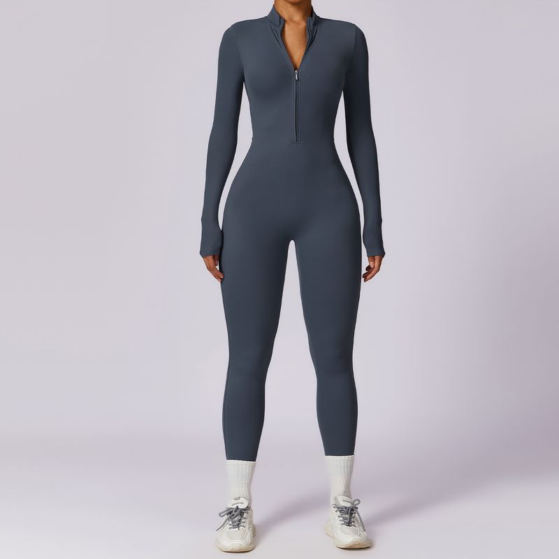 

Fashion Fall and Winter Long Sleeves Fleece Zipper One-Piece Workout Clothes Outdoor Yoga Skiing Tight Jumpsuit for Women No. 2 Dark Blue (thin) L