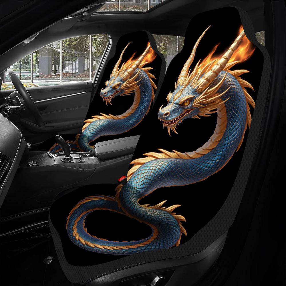 2 Stück mythische gold-blaue Drachen Autositzbezüge kompatibel für Fit, Luxuriöses Drachendesign Vordersitzschoner mit Polsterung
