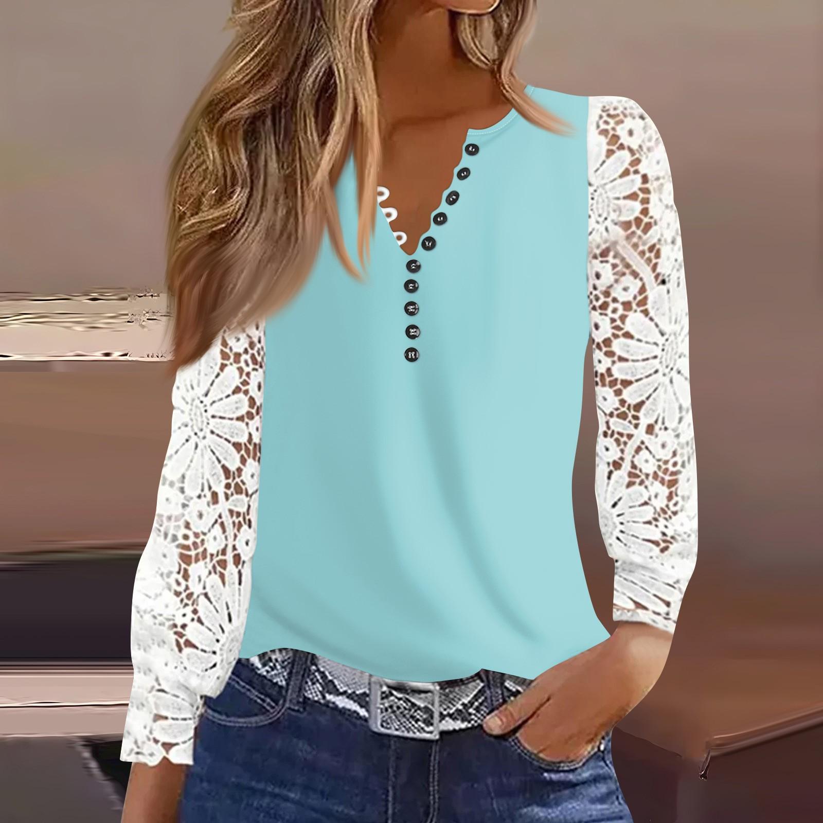 

Женская футболка с пуговицами, кружевом, длинными рукавами, повседневная, выходного дня, модная, базовая, с V-образным вырезом, стандартный топ M