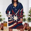 Women Plus Size V Neck Long Sleeve White Red Blue Printed Fitted Dress