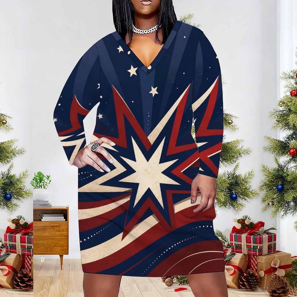 Women Plus Size V Neck Long Sleeve White Red Blue Printed Fitted Dress