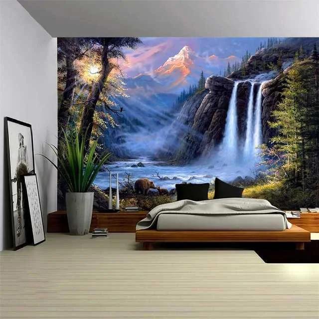 Natural Scenery Tapestry Mountain Forest Plant Waterfall Landscape Tapestry Art Wall Hanging Decor for Bedroom Living Room Dorm 100X70CM