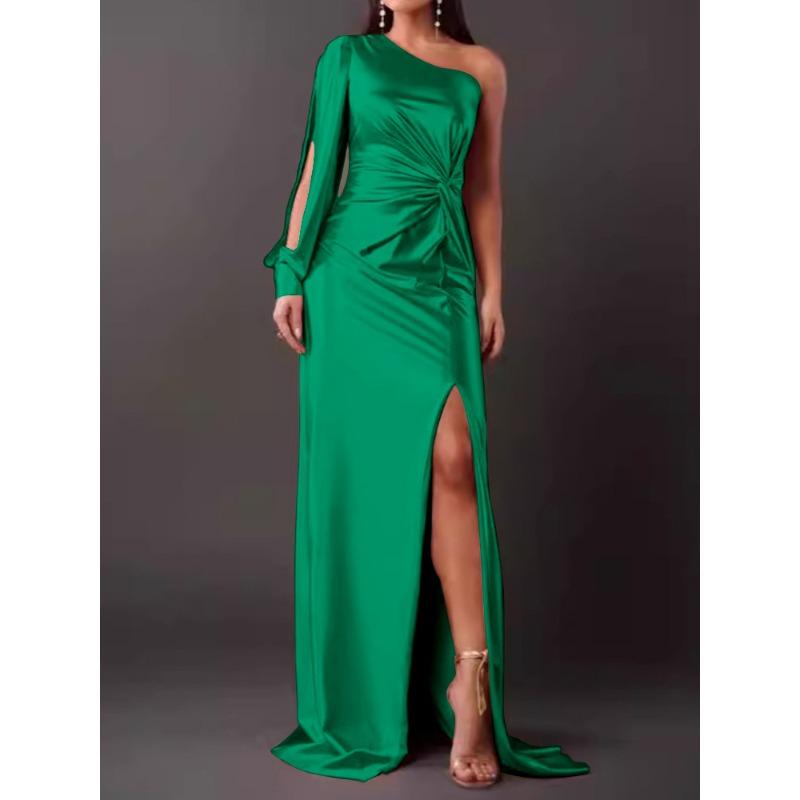 Summer New Women's Clothing Diagonal Collar Shoulder Sleeve Pleated Waist Split Sexy Dress