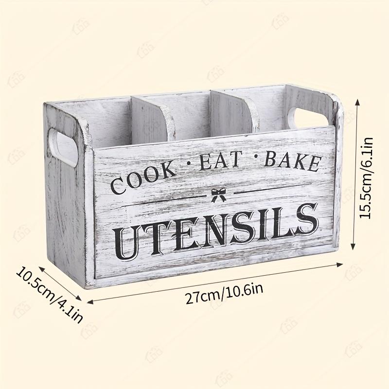 1pc Rustic Wooden Kitchen Utensil Holder - 3-Compartment Countertop & Wall-Mounted Organizer for Forks, More - Space-Saving