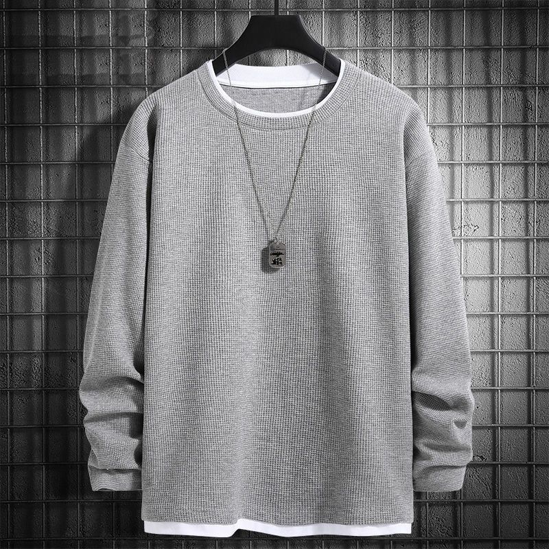 Waffle Long-sleeved T-shirt for Men's Spring Autumn Fake Two-piece Sweatshirt New Base Shirt Solid Color