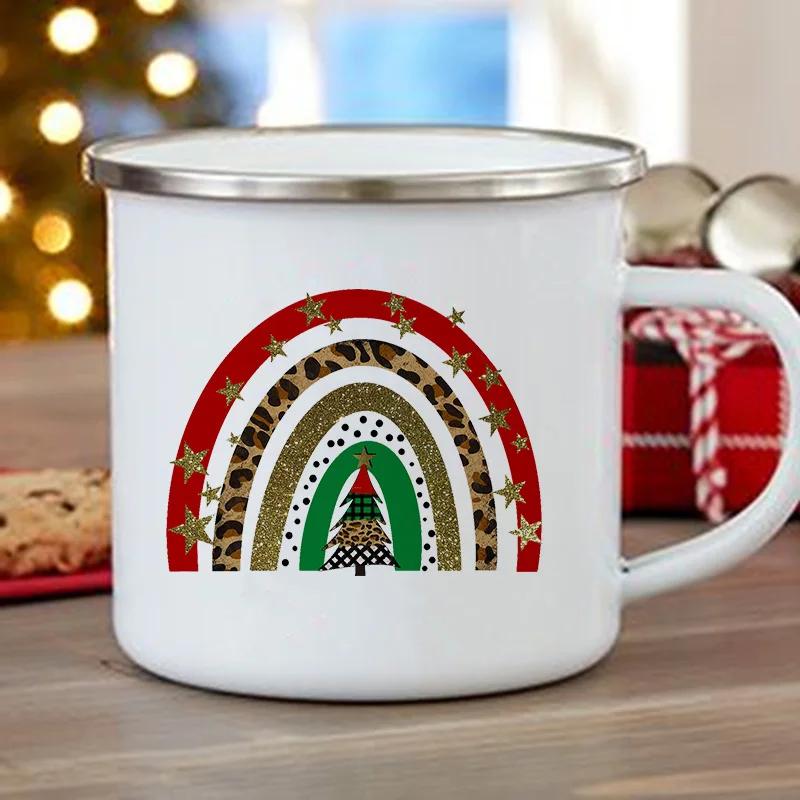 

Deer Santa Print Enamel Mugs Christmas Party Wine Tea Beer Milk Juice Cup Creativity Drinkware Coffee Cups Handle Mug Xmas Gift 360ML