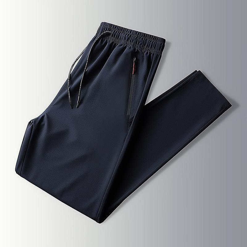 Summer Men's Quick Dry Casual Pants Elastic Waist Drawstring Zipper Pocket Straight Leg Trousers