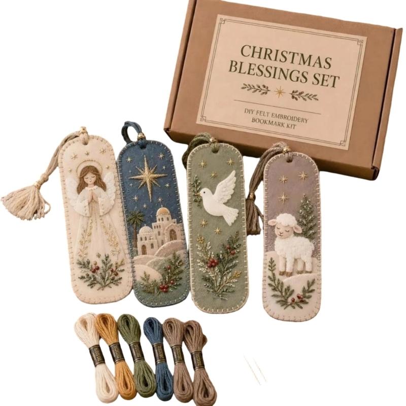 Handmade Christmas Embroidery Page Markers, with Step-by-Step Instruction Needle Thread for Book Lover Holiday Gift