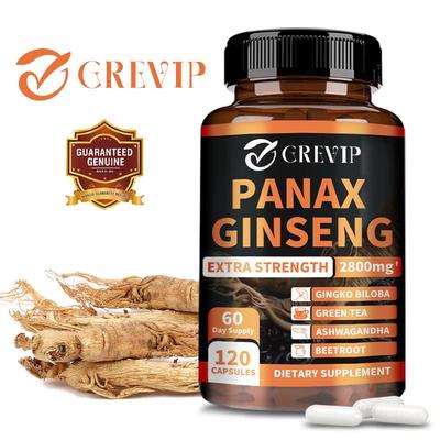 Cápsulas compuestas de ginseng de alta concentración, 2800 mg por porción, combinadas con té verde de ginkgo, ashwagandha y remolacha.