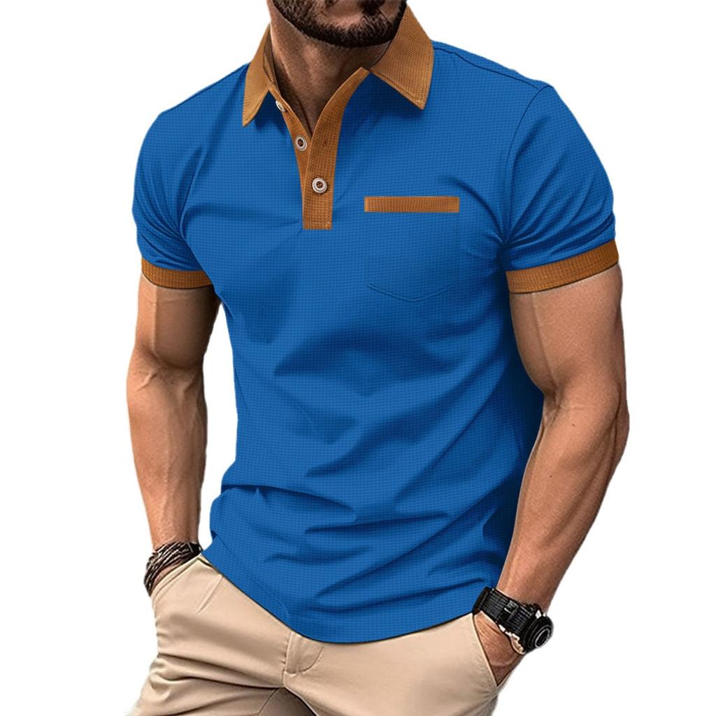 Neues Herren-Poloshirt mit farblich abgesetzter Brusttasche, kurzärmiges T-Shirt-Top mit Knopfleiste
