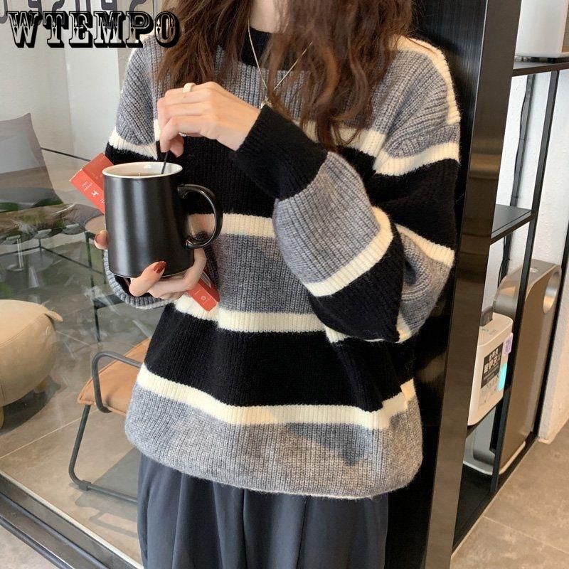 Women's  Striped Sweater Knitted Sweater Autumn and Winter Retro Color Blocked Loose Sweater
